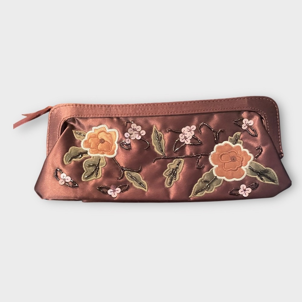 Avon Sequin Beaded‎ Floral Embroidered Satin Clutch Evening Bag Purse Brown
